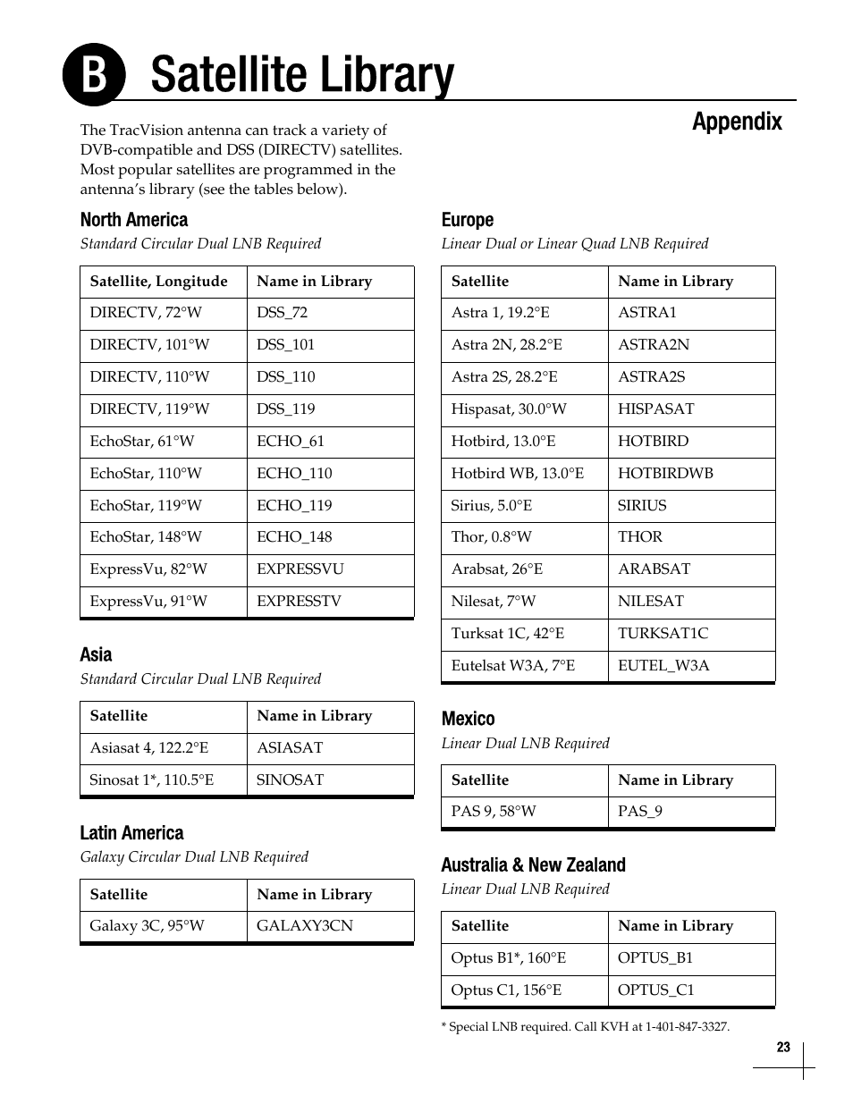 Satellite library, Satellite library, 23, Satellite library b | Appendix | KVH Industries TracVisionM7 User Manual | Page 22 / 31