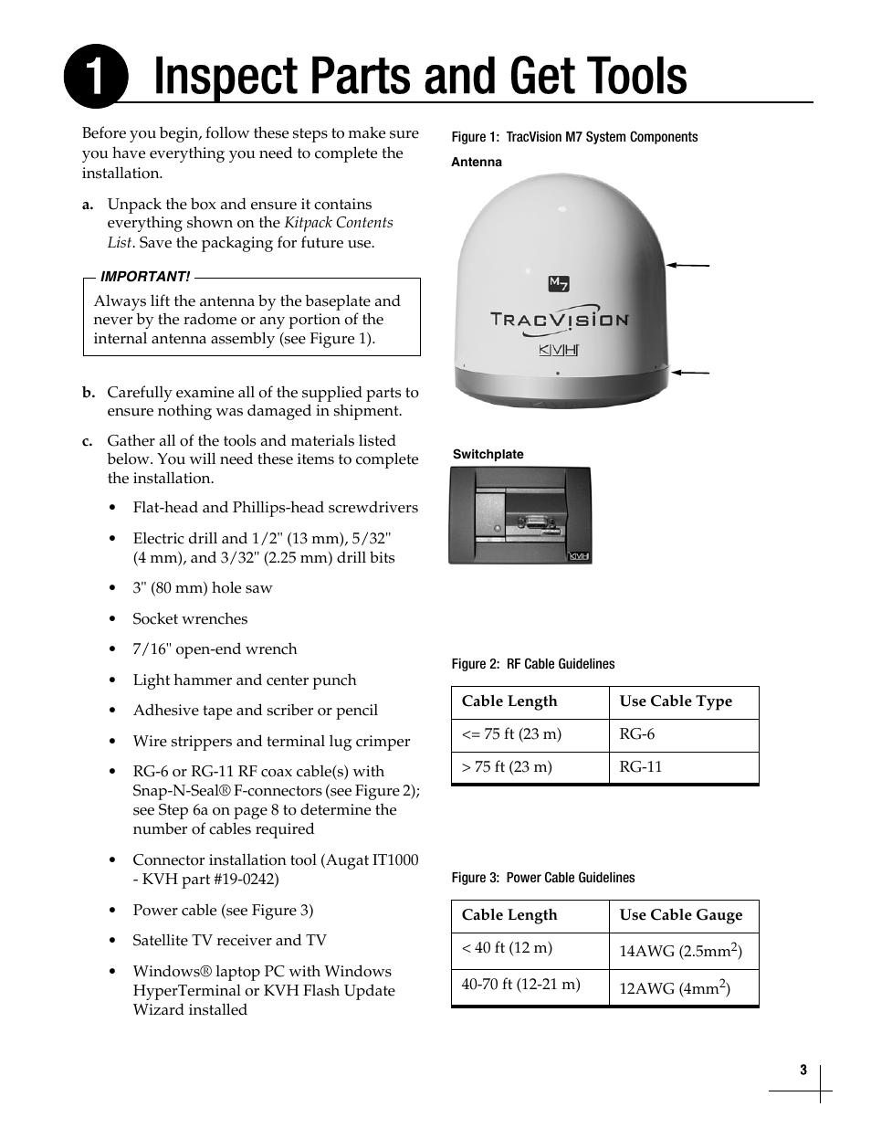 Inspect parts and get tools, Inspect parts and get tools, 3, Inspect parts and get tools 1 | KVH Industries TracVisionM7 User Manual | Page 3 / 31