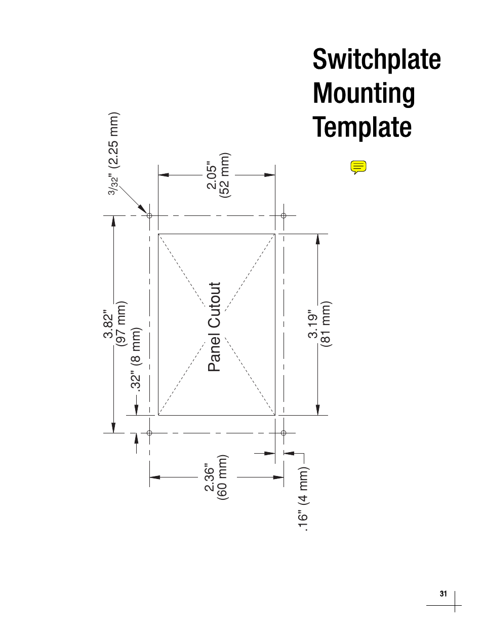 Switchplate mounting template, Switchplate mounting template, 31, Panel cutout | KVH Industries TracVisionM7 User Manual | Page 30 / 31