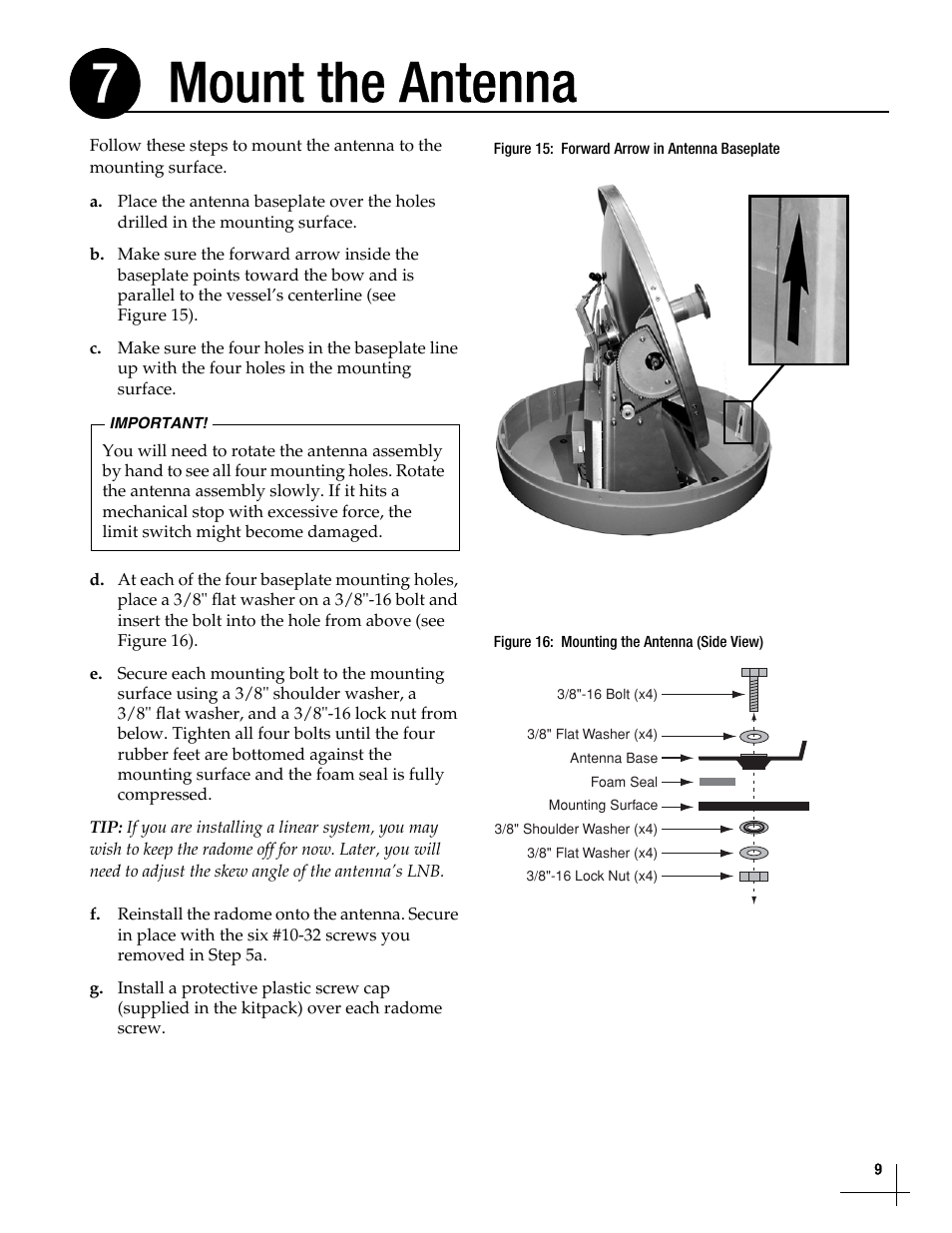 Mount the antenna, Mount the antenna, 9, Mount the antenna 7 | KVH Industries TracVisionM7 User Manual | Page 9 / 31