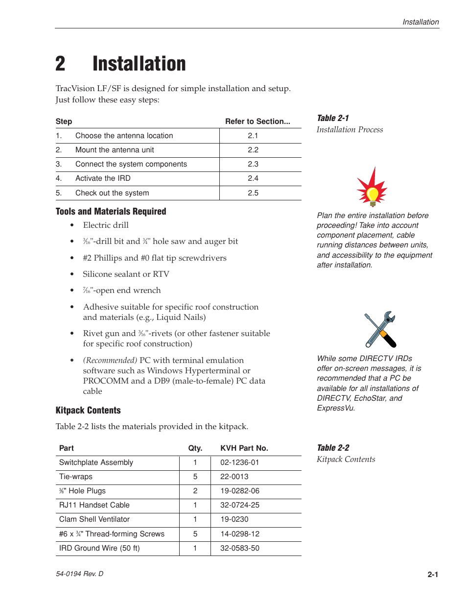 2 - installation, 2installation | KVH Industries LF User Manual | Page 12 / 69