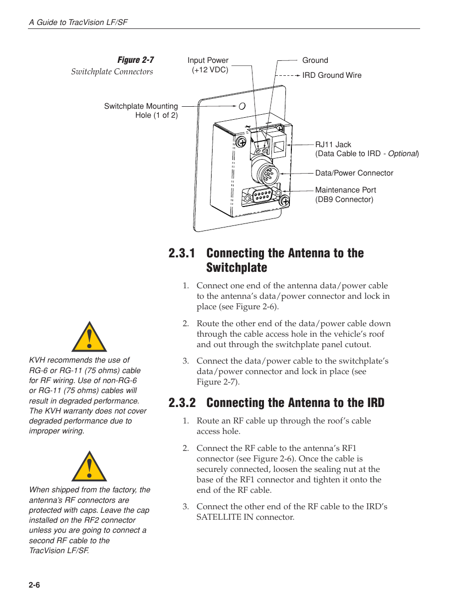 1 - connecting the antenna to the switchplate, 2 - connecting the antenna to the ird, 1 connecting the antenna to the switchplate | 2 connecting the antenna to the ird | KVH Industries LF User Manual | Page 17 / 69
