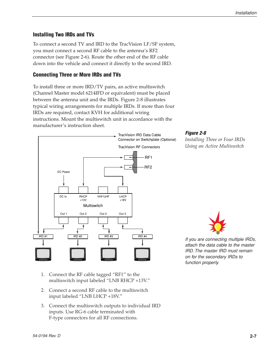 Installing two irds and tvs, Connecting three or more irds and tvs | KVH Industries LF User Manual | Page 18 / 69