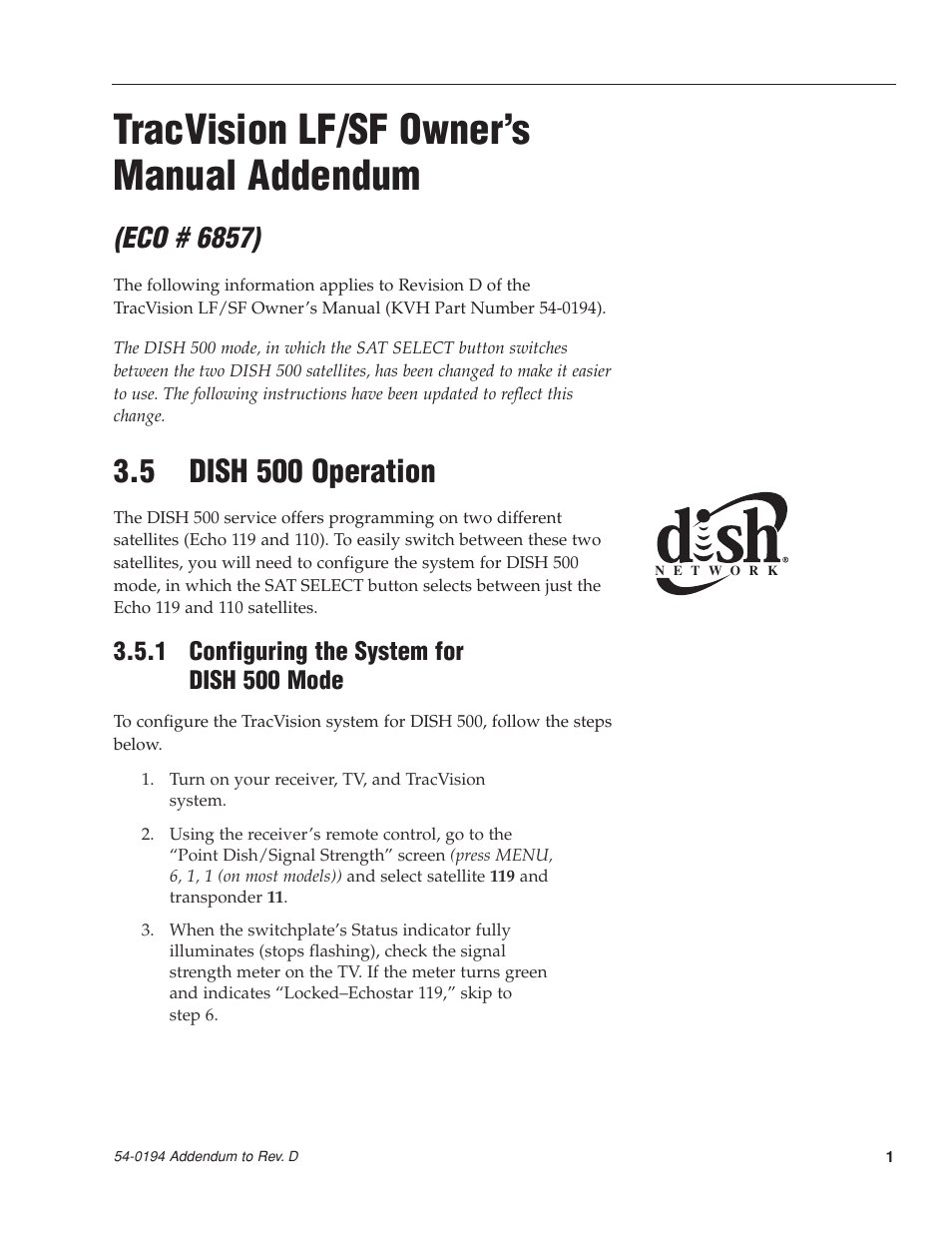 Addenda, Tracvision lf/sf owner’s manual addendum, 5 dish 500 operation | Eco # 6857), 1 configuring the system for dish 500 mode | KVH Industries LF User Manual | Page 2 / 69