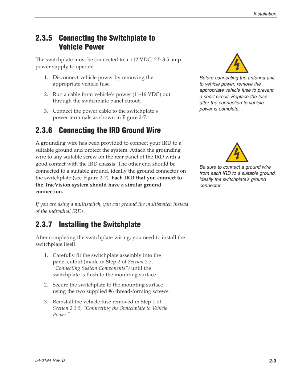 5 - connecting the switchplate to vehicle power, 6 - connecting the ird ground wire, 7 - installing the switchplate | 5 connecting the switchplate to vehicle power, 6 connecting the ird ground wire, 7 installing the switchplate | KVH Industries LF User Manual | Page 20 / 69