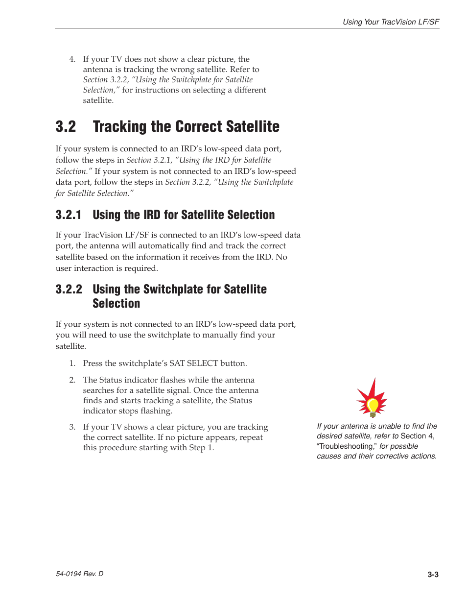 2 - tracking the correct satellite, 1 - using the ird for satellite selection, 2 - using the switchplate for satellite selection | 2 tracking the correct satellite, 1 using the ird for satellite selection, 2 using the switchplate for satellite selection | KVH Industries LF User Manual | Page 27 / 69