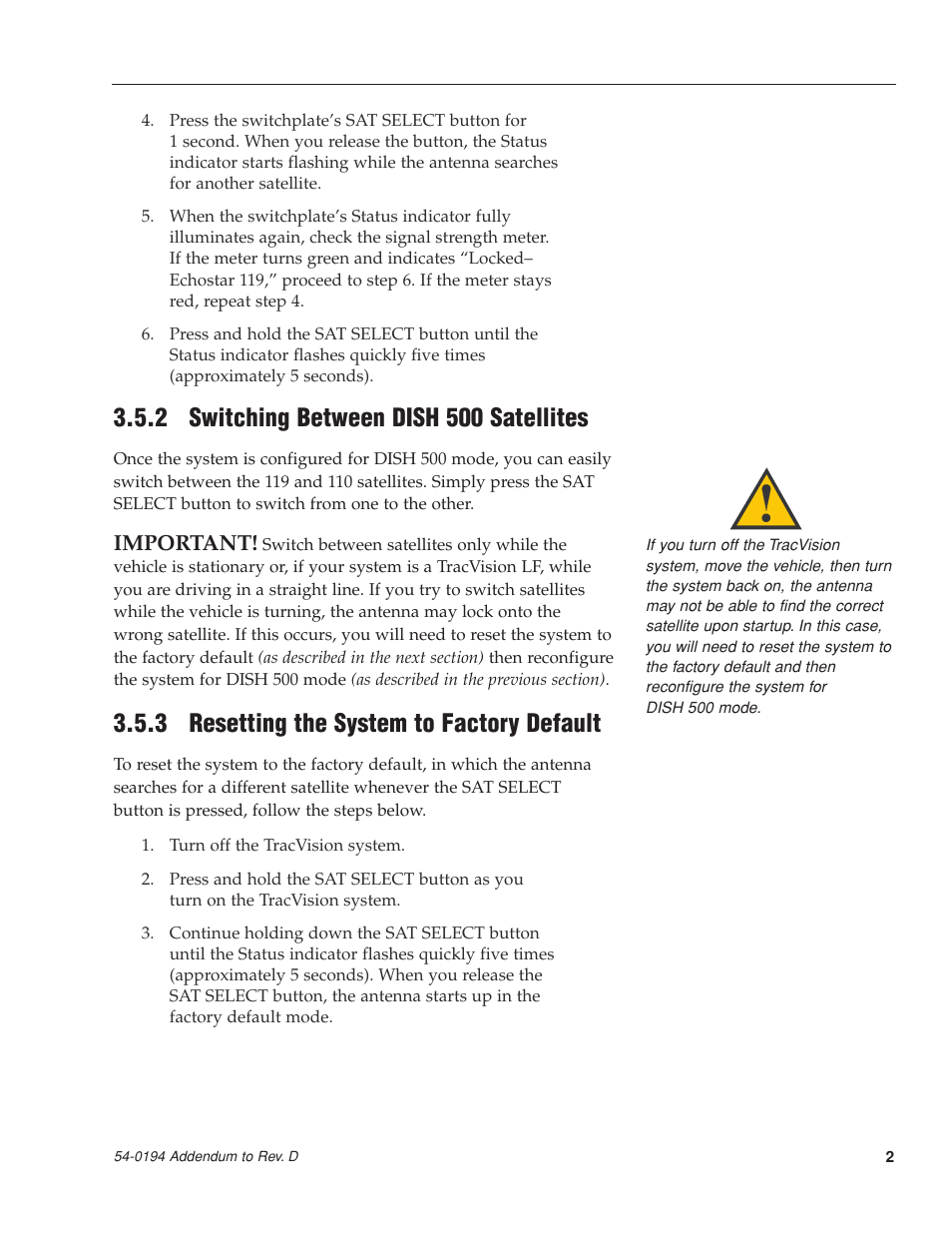 2 switching between dish 500 satellites, 3 resetting the system to factory default, Important | KVH Industries LF User Manual | Page 3 / 69
