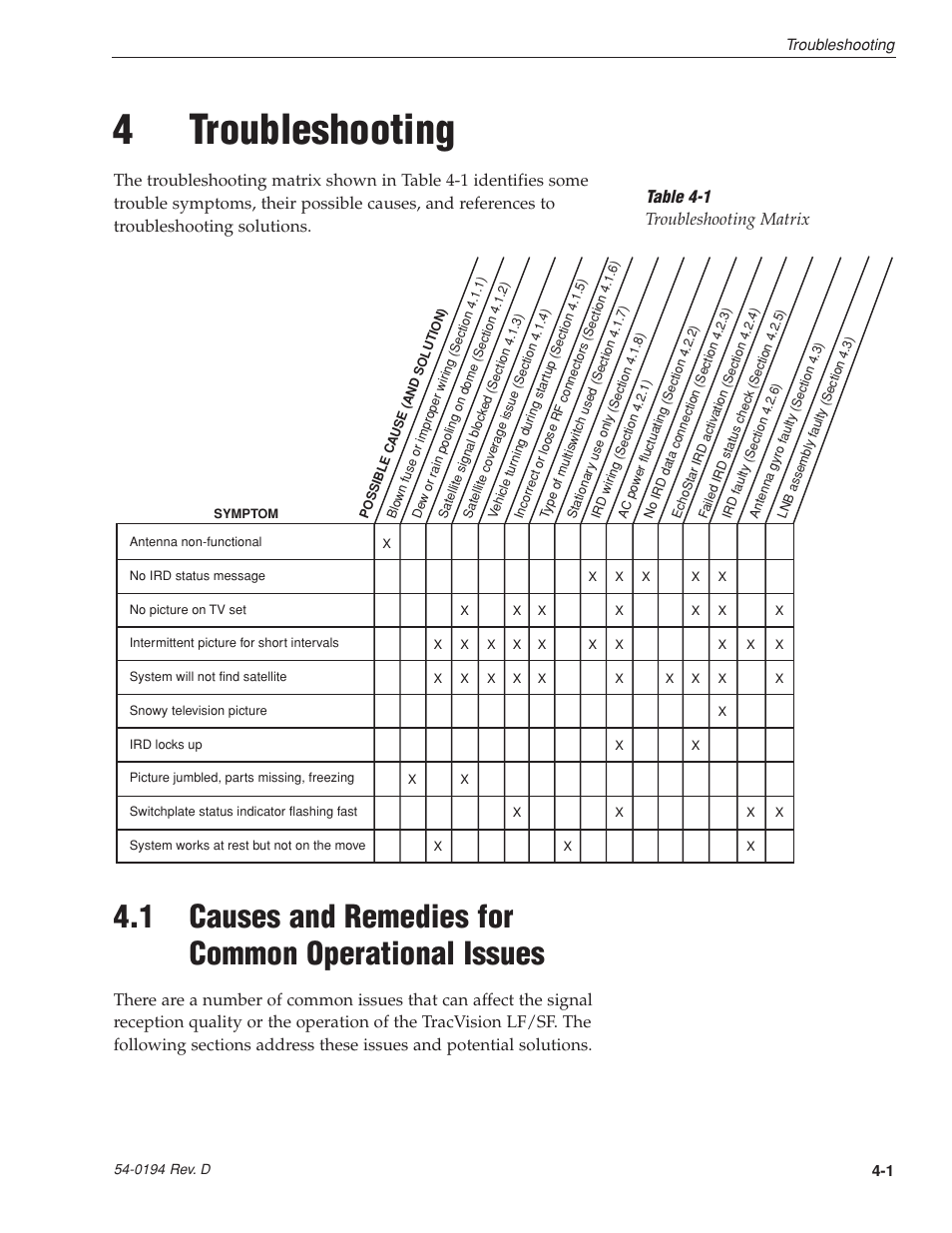 4 - troubleshooting, 4troubleshooting, Table 4-1 troubleshooting matrix | KVH Industries LF User Manual | Page 31 / 69