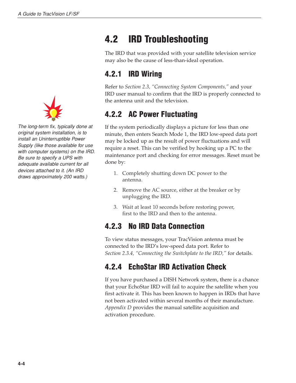 2 - ird troubleshooting, 1 - ird wiring, 2 - ac power fluctuating | 3 - no ird data connection, 4 - echostar ird activation check, 2 ird troubleshooting, 1 ird wiring, 2 ac power fluctuating, 3 no ird data connection, 4 echostar ird activation check | KVH Industries LF User Manual | Page 34 / 69