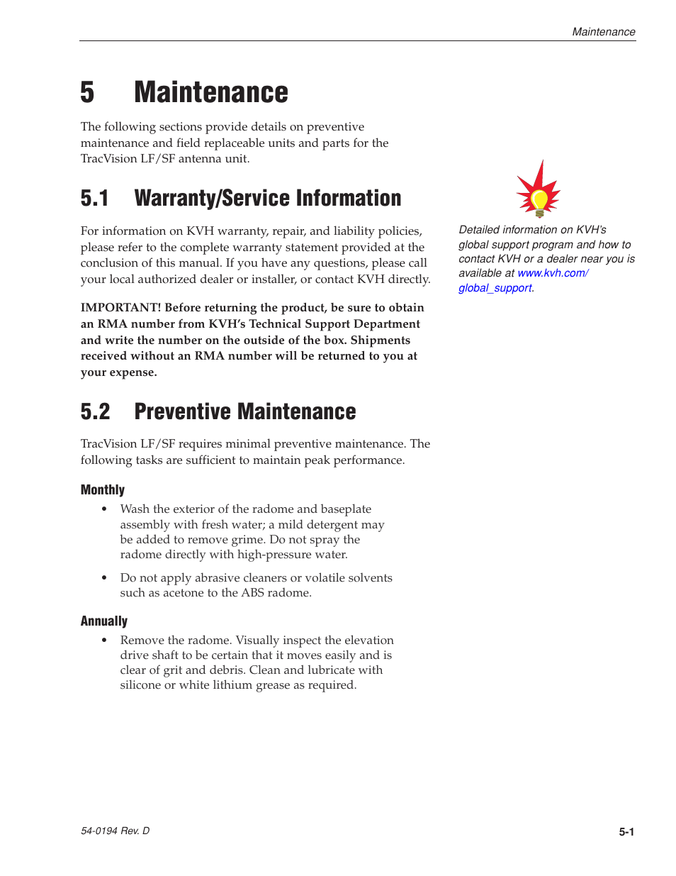 5 - maintenance, 1 - warranty/service information, 2 - preventive maintenance | 5maintenance, 1 warranty/service information, 2 preventive maintenance | KVH Industries LF User Manual | Page 38 / 69