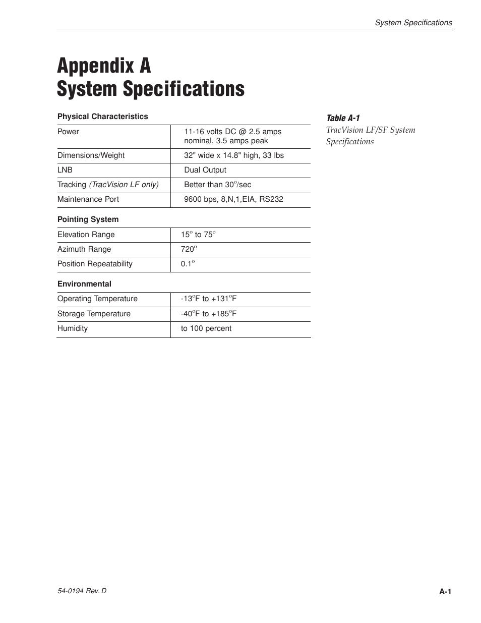 Appendix a - system specifications, Appendix a system specifications | KVH Industries LF User Manual | Page 48 / 69