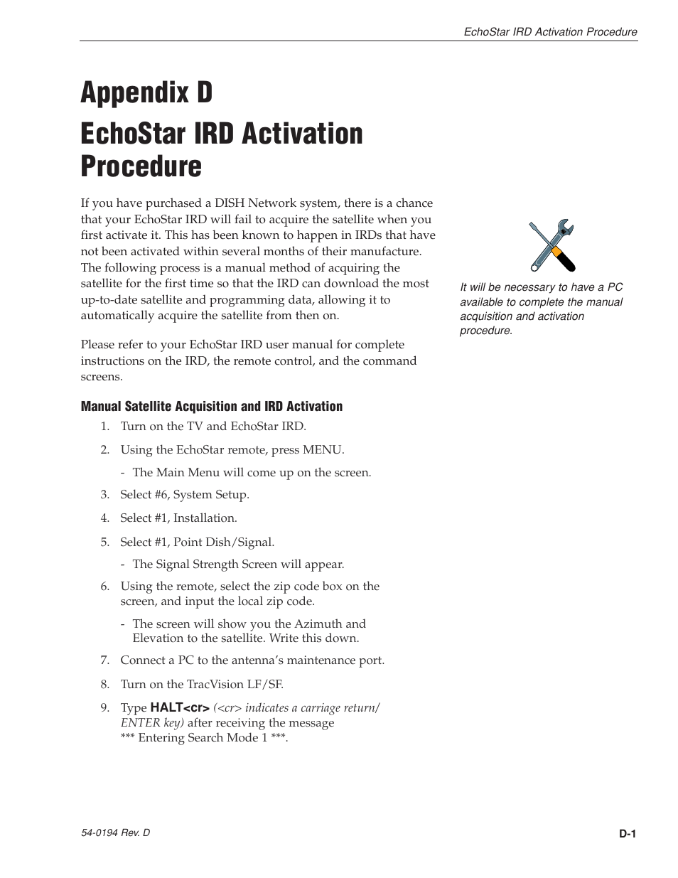 Appendix d - echostar ird activation procedure, Appendix d echostar ird activation procedure | KVH Industries LF User Manual | Page 52 / 69