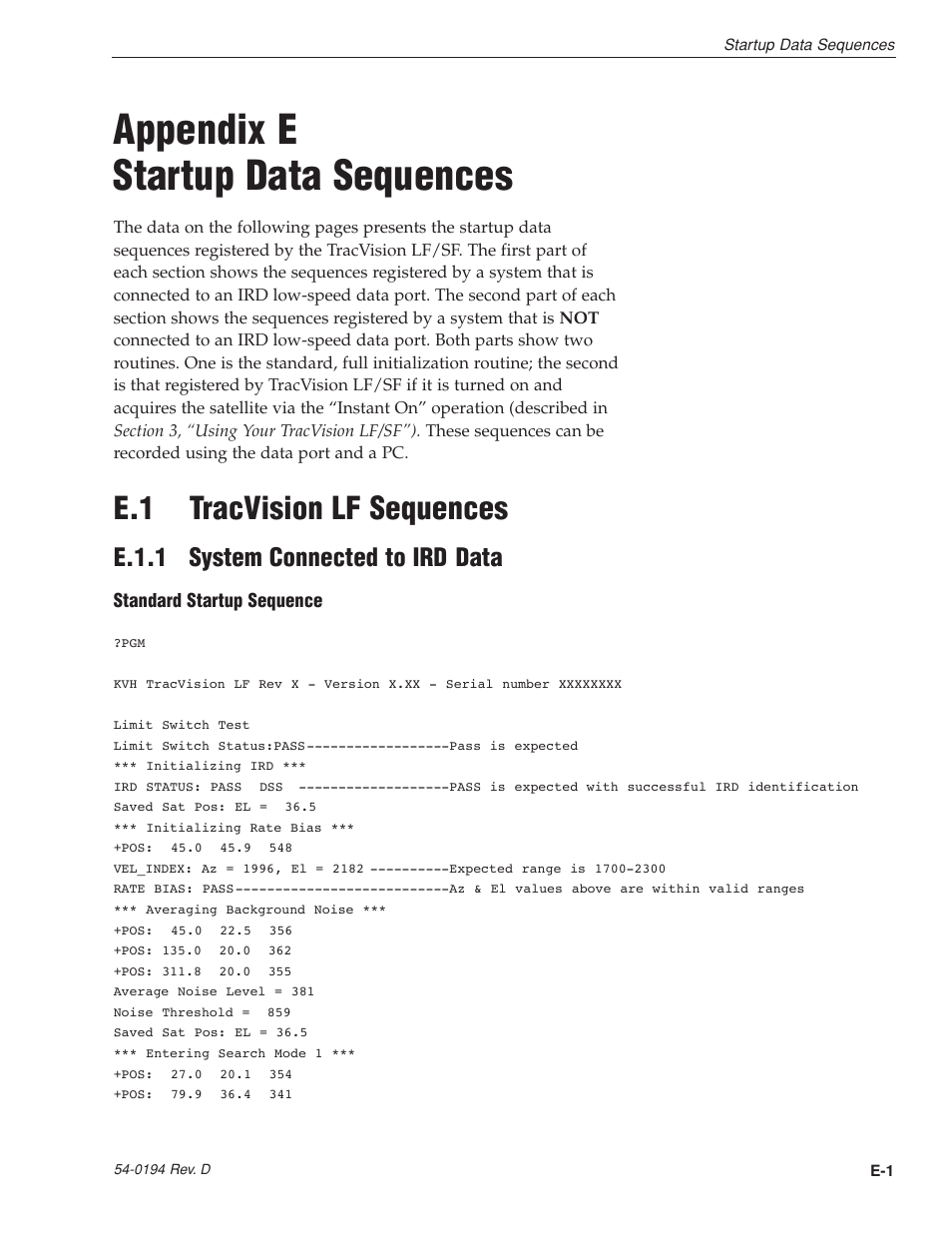 Appendix e - startup data sequences, Appendix e startup data sequences, E.1 tracvision lf sequences | E.1.1 system connected to ird data | KVH Industries LF User Manual | Page 54 / 69