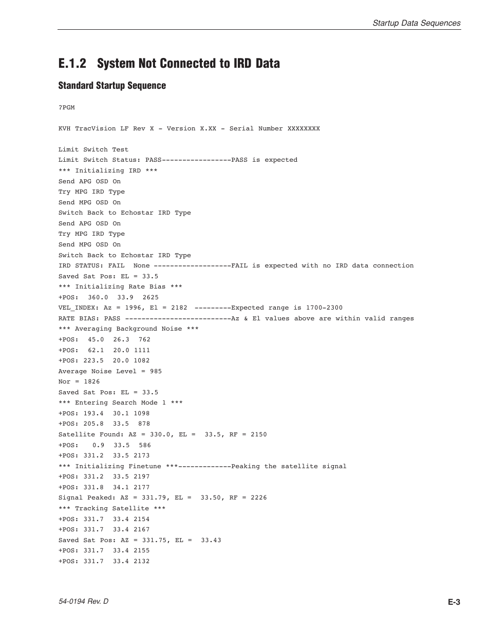 E.1.2 system not connected to ird data, Standard startup sequence | KVH Industries LF User Manual | Page 56 / 69