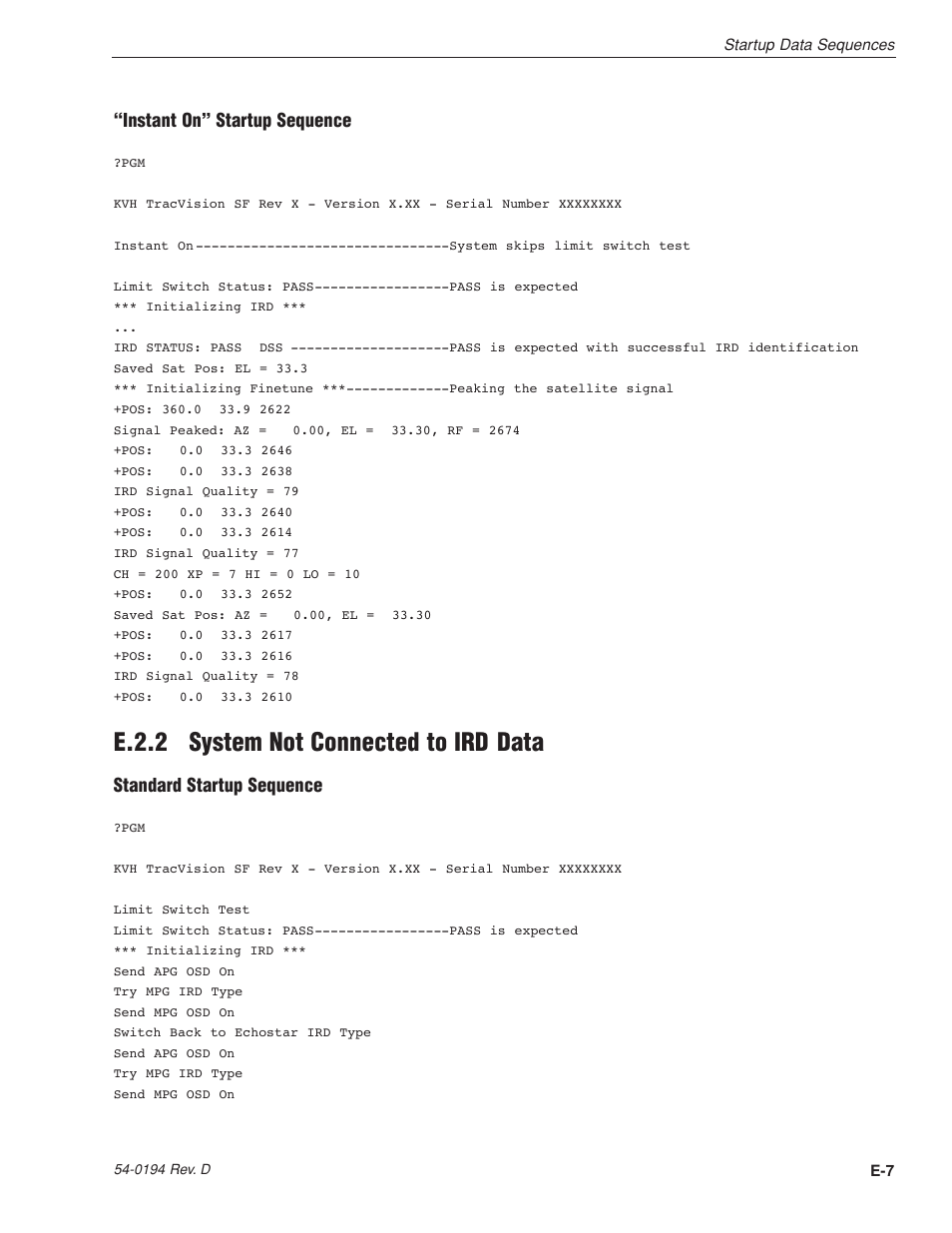 E.2.2 system not connected to ird data, Instant on” startup sequence, Standard startup sequence | KVH Industries LF User Manual | Page 60 / 69