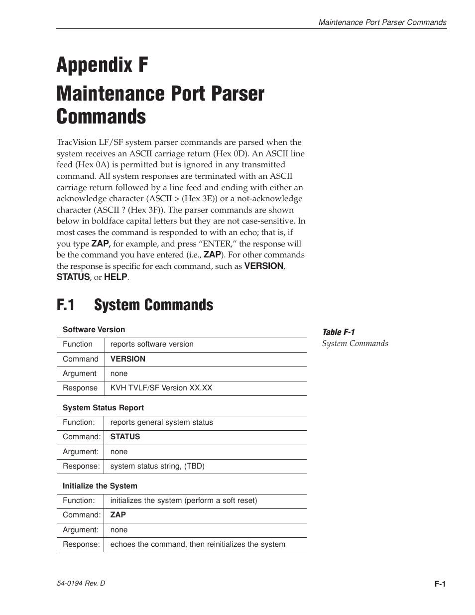 Appendix f - maintenance port parser commands, Appendix f maintenance port parser commands, F.1 system commands | KVH Industries LF User Manual | Page 64 / 69