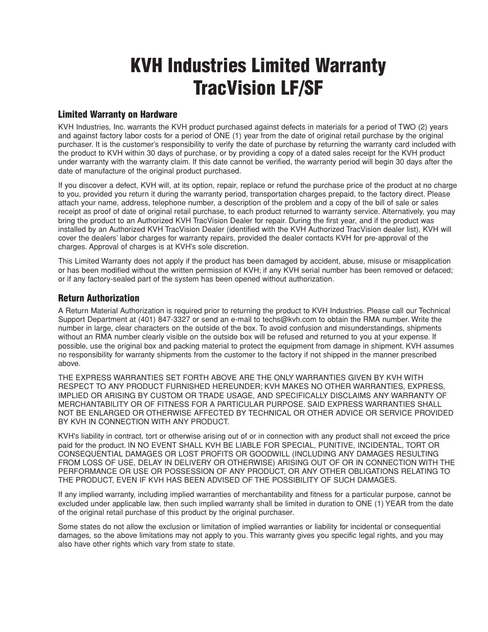 Kvh industries limited warranty tracvision lf/sf | KVH Industries LF User Manual | Page 68 / 69