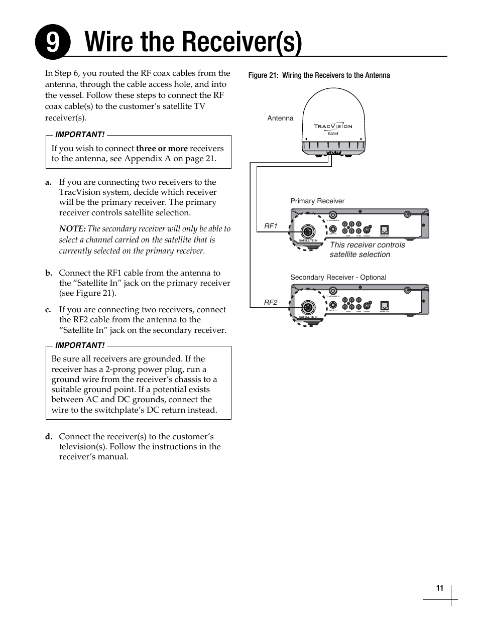 Wire the receiver(s), Wire the receiver(s), 11, Wire the receiver(s) 9 | KVH Industries TracVisionM5 User Manual | Page 11 / 29