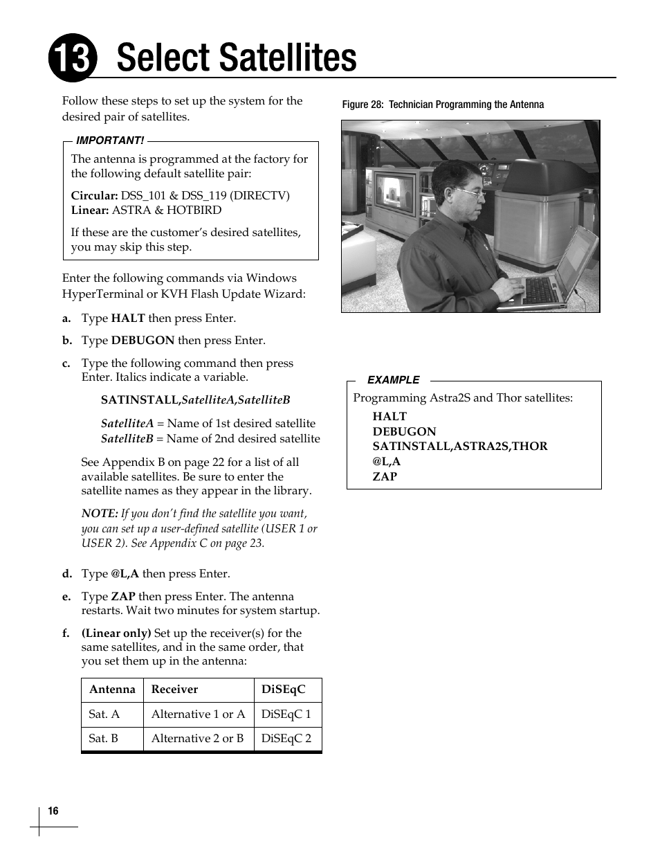 Select satellites, Select satellites, 16, Select satellites 13 | KVH Industries TracVisionM5 User Manual | Page 16 / 29