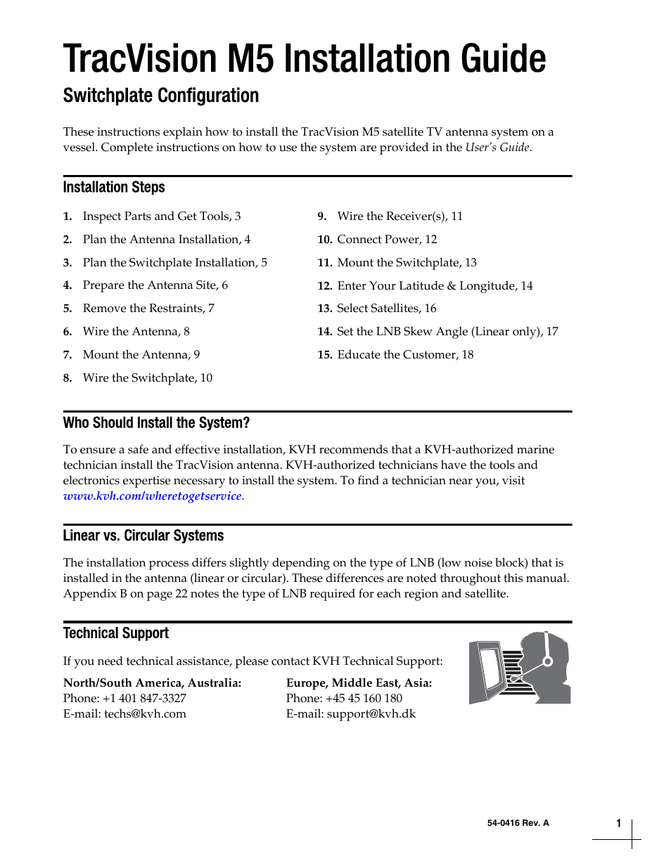 Installation steps, Who should install the system, Linear vs. circular systems | Technical support, Tracvision m5 installation guide, Switchplate configuration | KVH Industries TracVisionM5 User Manual | Page 2 / 29