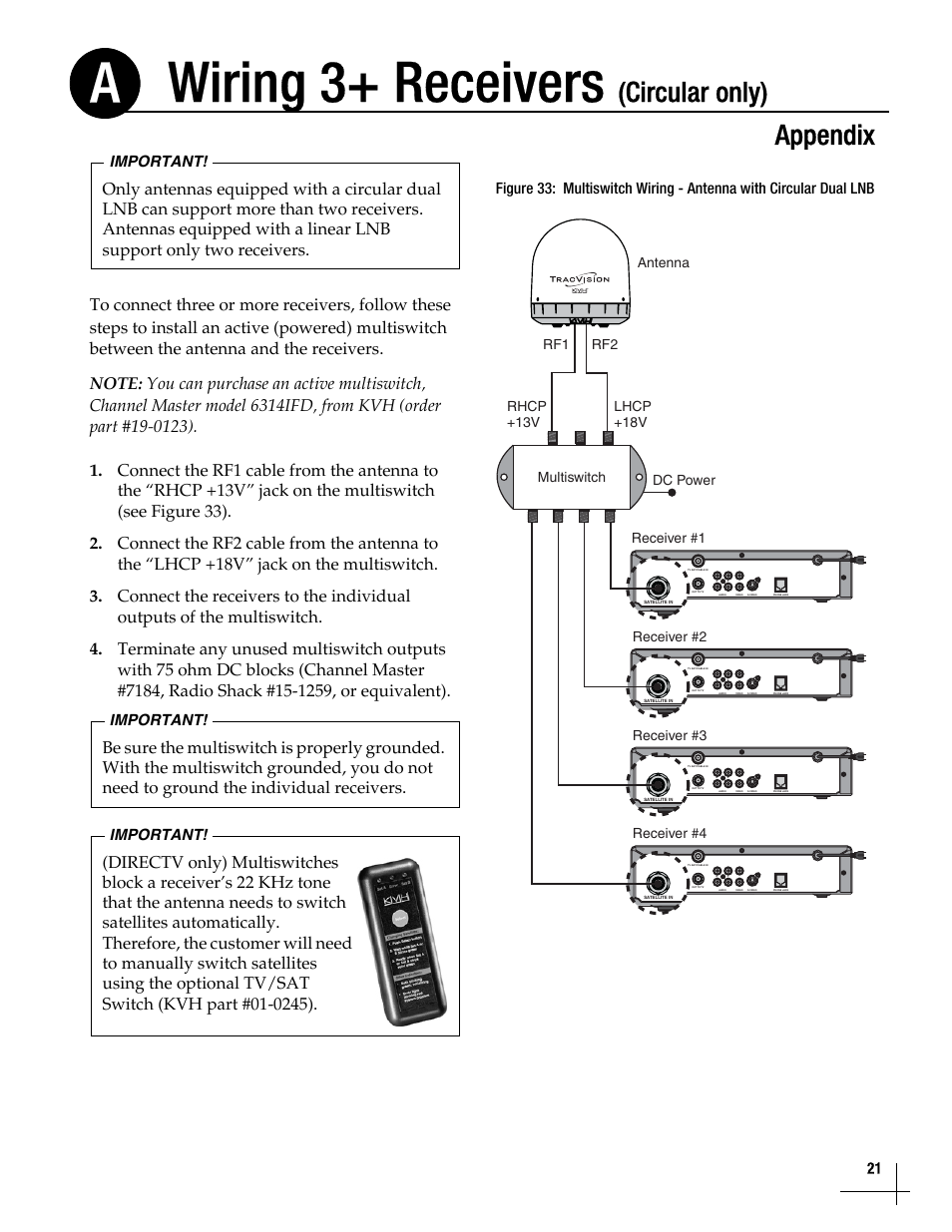 Wiring 3+ receivers (circular only), Wiring 3+ receivers (circular only), 21, Wiring 3+ receivers | Circular only), Appendix, Important | KVH Industries TracVisionM5 User Manual | Page 20 / 29