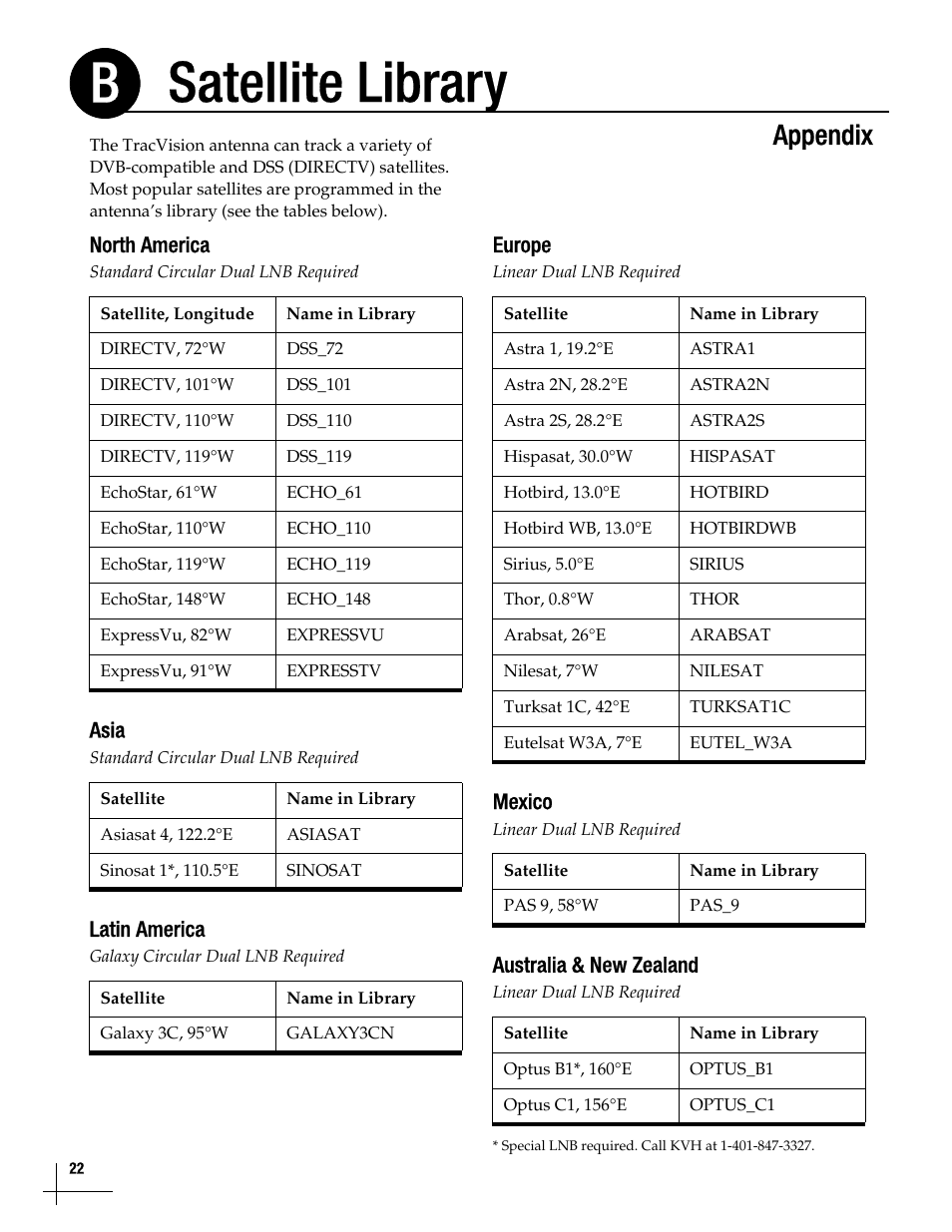 Satellite library, Satellite library, 22, Satellite library b | Appendix | KVH Industries TracVisionM5 User Manual | Page 21 / 29