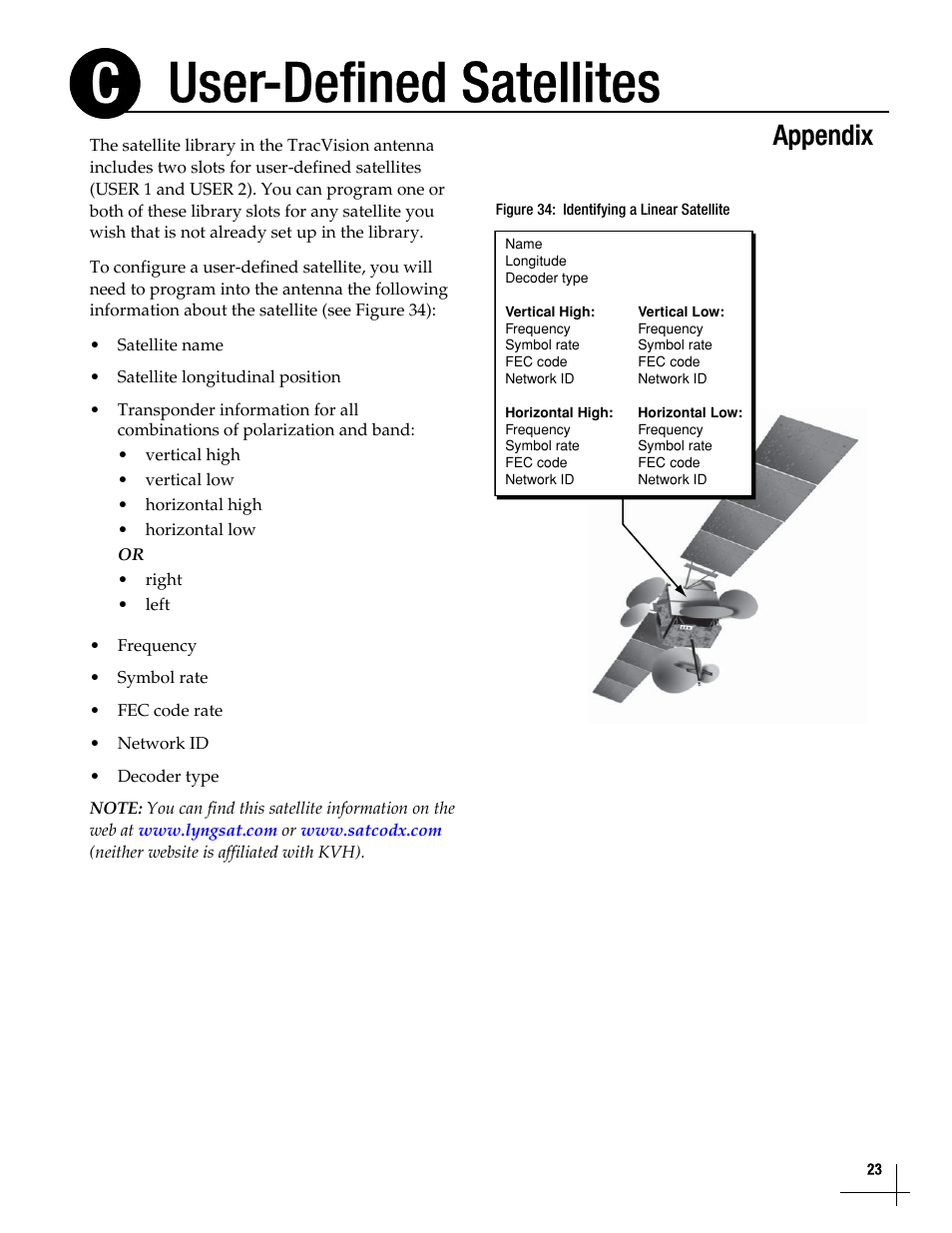 User-defined satellites, User-defined satellites, 23, User-defined satellites c | Appendix | KVH Industries TracVisionM5 User Manual | Page 22 / 29