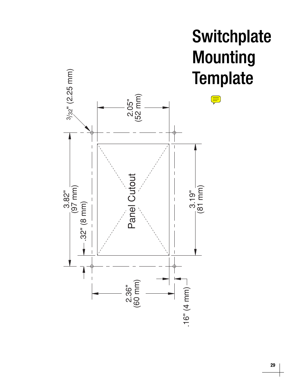 Switchplate mounting template, Switchplate mounting template, 29, Panel cutout | KVH Industries TracVisionM5 User Manual | Page 28 / 29