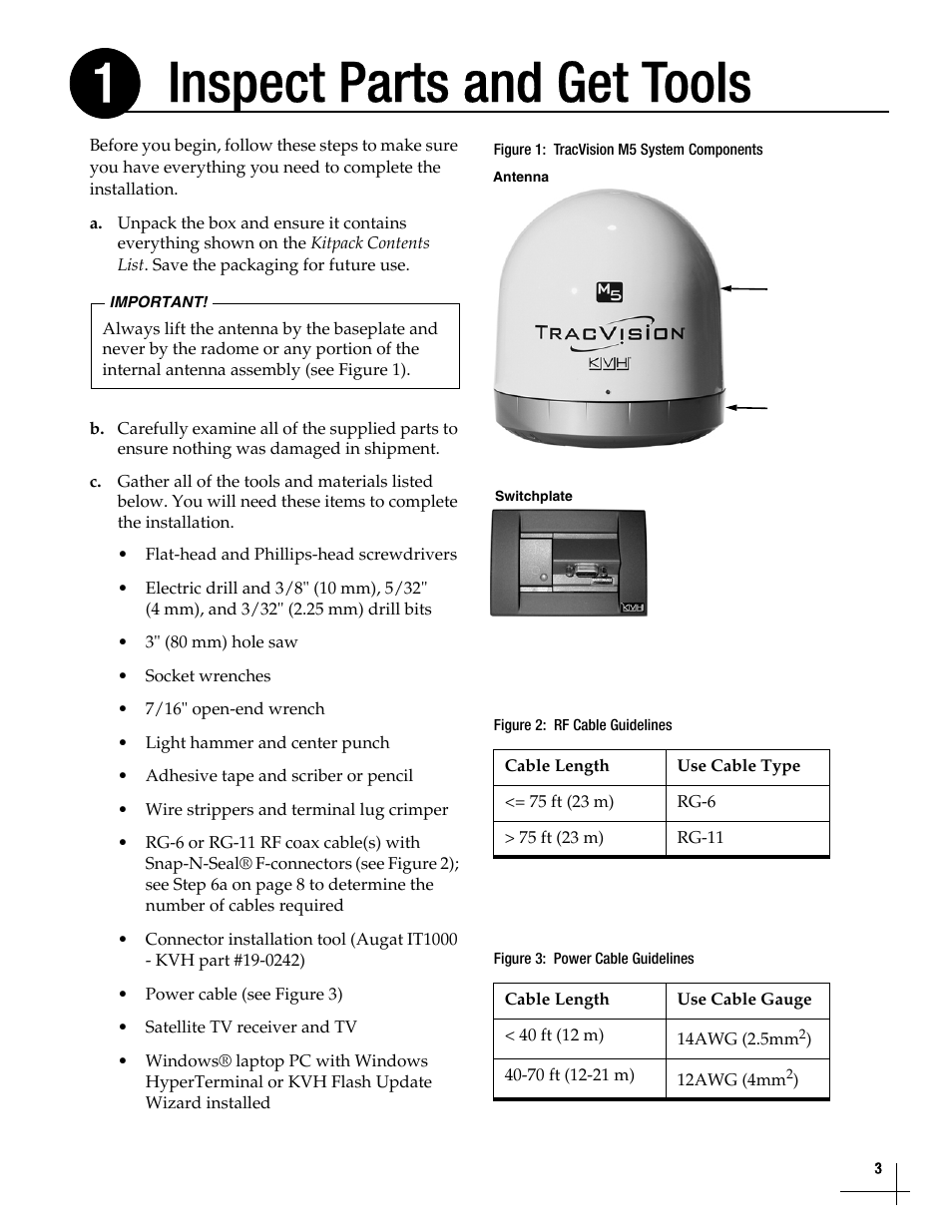 Inspect parts and get tools, Inspect parts and get tools, 3, Inspect parts and get tools 1 | KVH Industries TracVisionM5 User Manual | Page 3 / 29