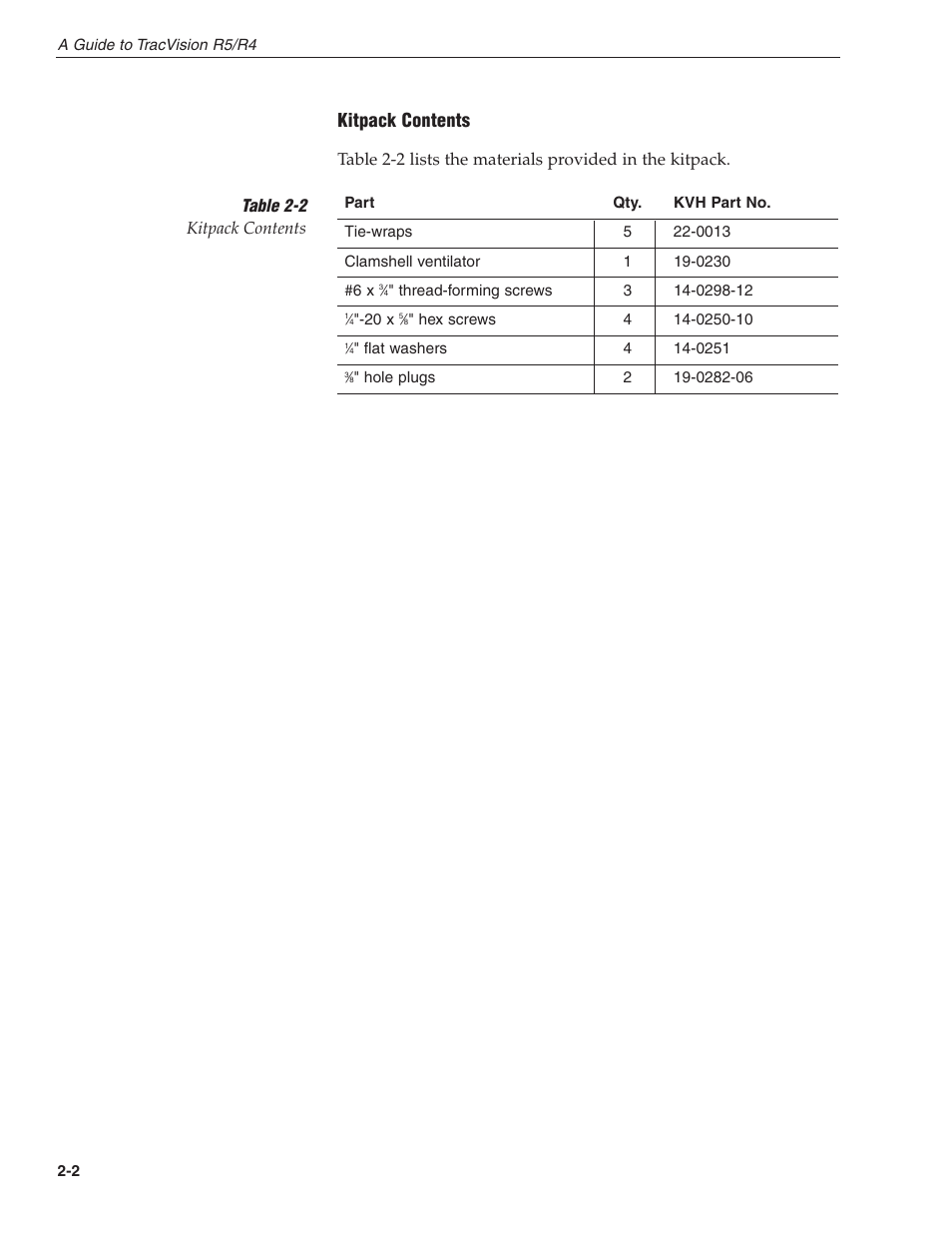 Kitpack contents, Table 2-2 kitpack contents | KVH Industries TracVision R4 User Manual | Page 13 / 65