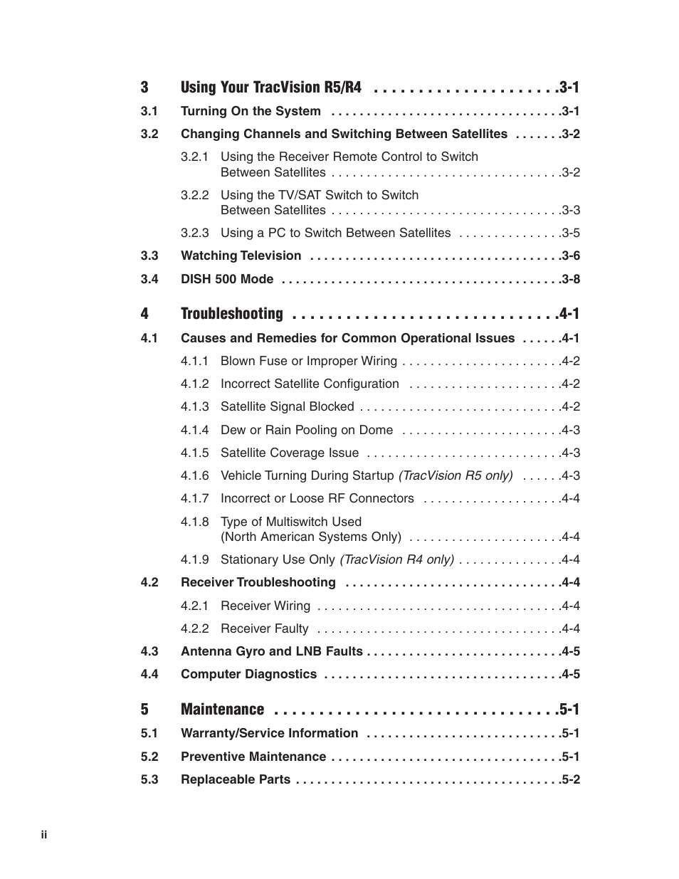 3using your tracvision r5/r4 -1, 4troubleshooting -1, 5maintenance -1 | KVH Industries TracVision R4 User Manual | Page 5 / 65