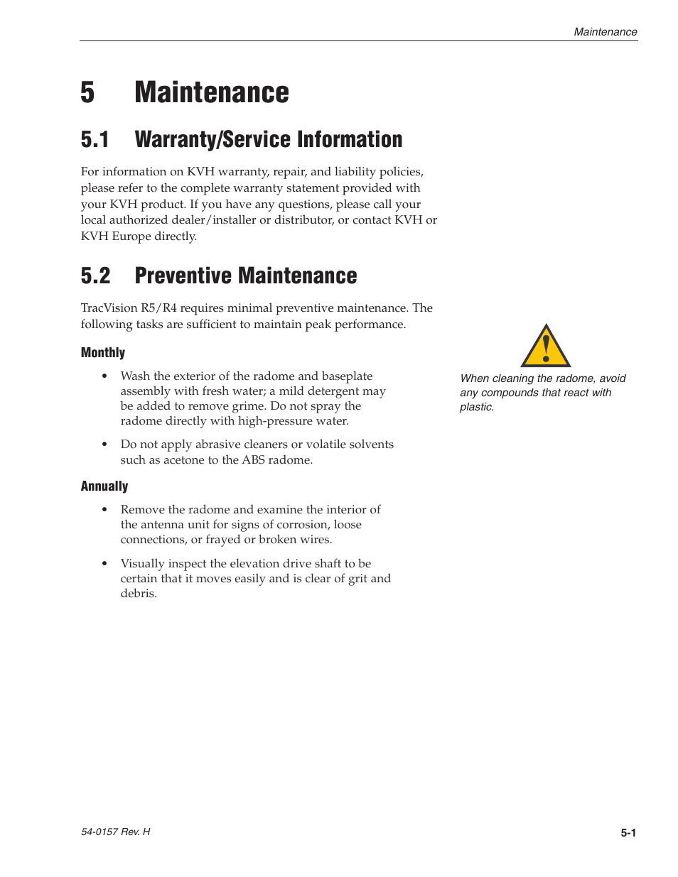 5 - maintenance, 1 - warranty/service information, 2 - preventive maintenance | 5maintenance, 1 warranty/service information, 2 preventive maintenance | KVH Industries TracVision R4 User Manual | Page 54 / 65