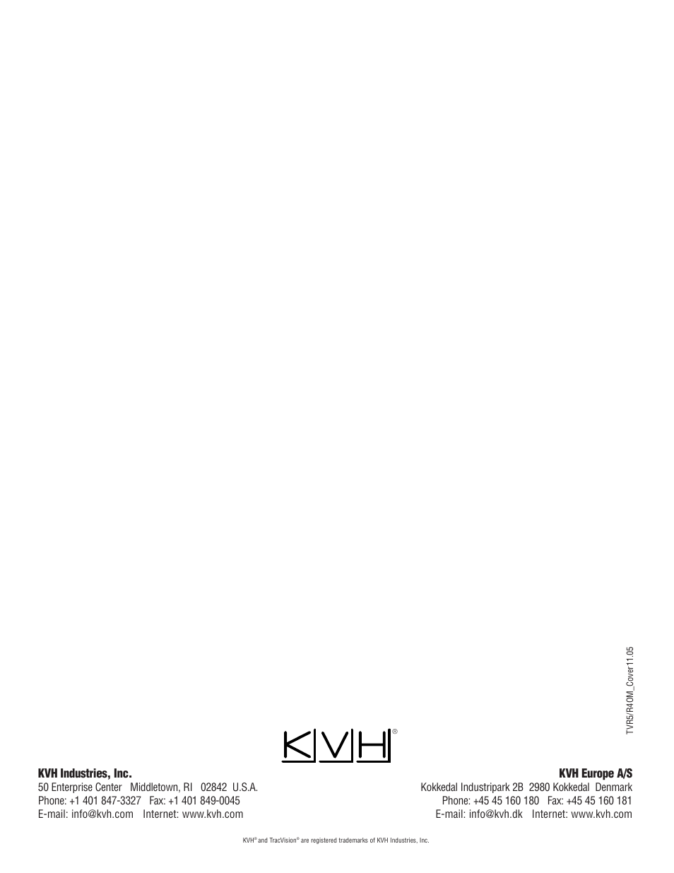 Kvh industries, inc, Kvh europe a/s | KVH Industries TracVision R4 User Manual | Page 65 / 65