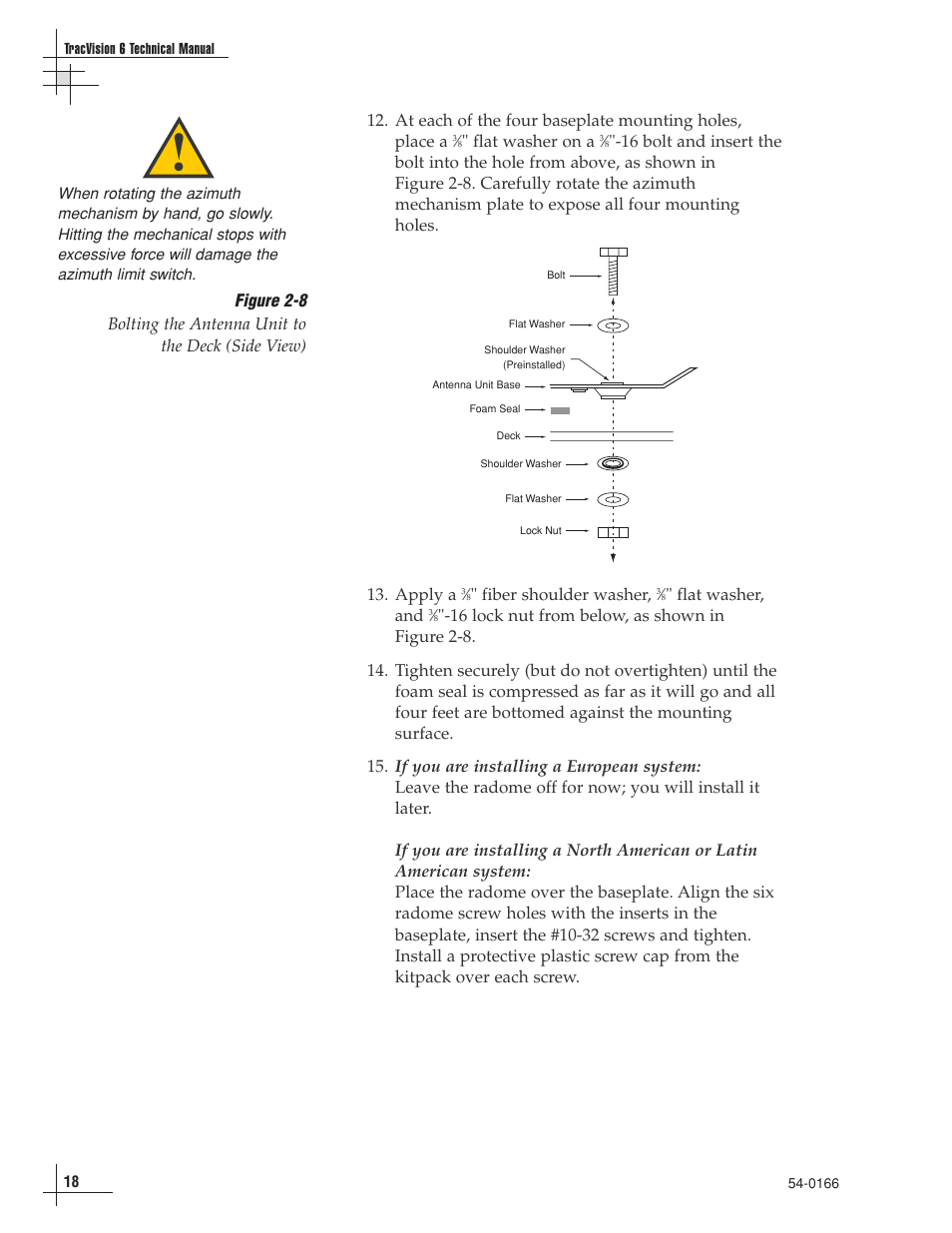 Flat washer on a, Fiber shoulder washer, Flat washer, and | KVH Industries TracVision 6 User Manual | Page 22 / 88