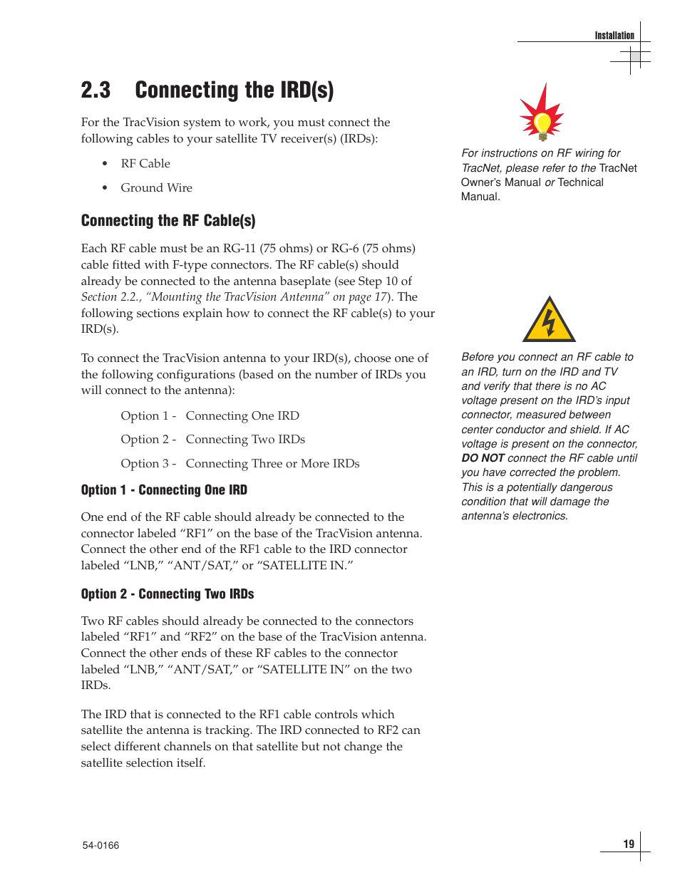 3 - connecting the ird(s), 3 connecting the ird(s), Connecting the rf cable(s) | KVH Industries TracVision 6 User Manual | Page 23 / 88