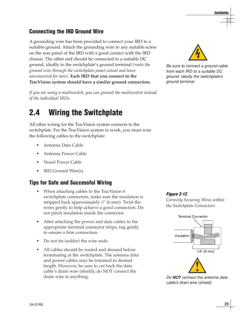 4 - wiring the switchplate, 4 wiring the switchplate, Connecting the ird ground wire | Tips for safe and successful wiring | KVH Industries TracVision 6 User Manual | Page 27 / 88