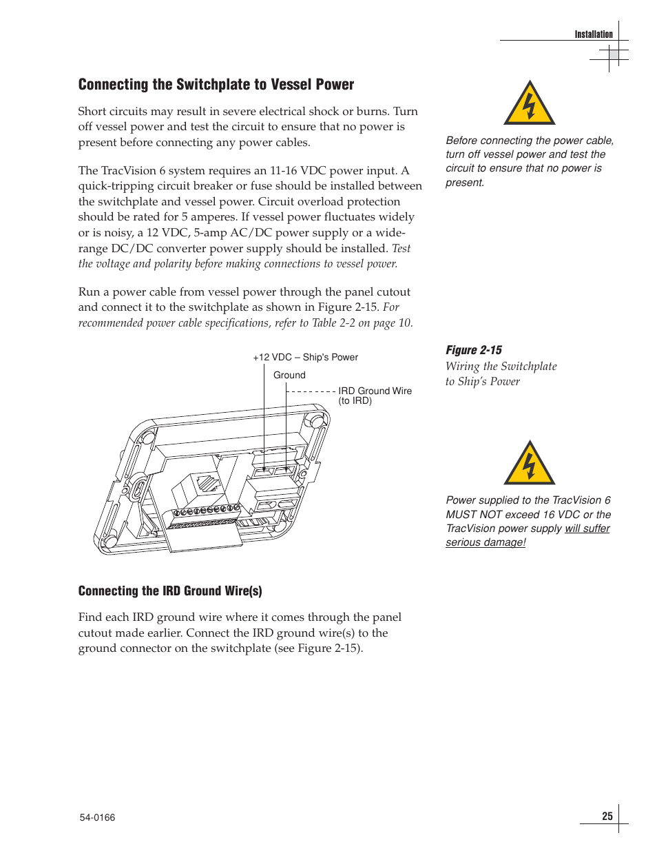 Connecting the switchplate to vessel power | KVH Industries TracVision 6 User Manual | Page 29 / 88