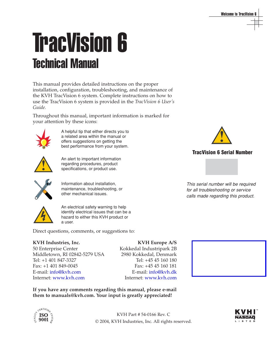 Tracvision 6, Technical manual | KVH Industries TracVision 6 User Manual | Page 3 / 88