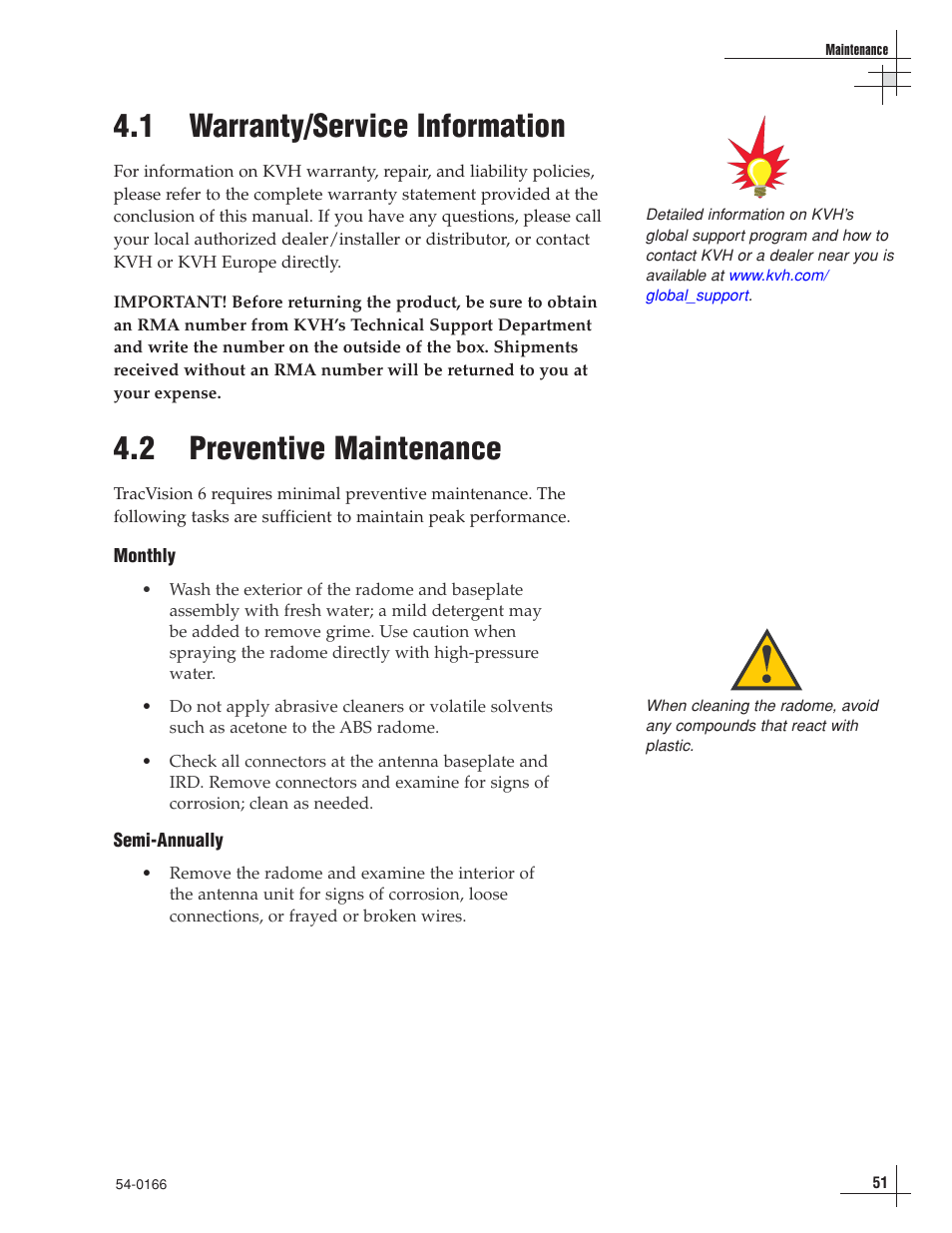 1 - warranty/service information, 2 - preventive maintenance, 1 warranty/service information | 2 preventive maintenance | KVH Industries TracVision 6 User Manual | Page 52 / 88