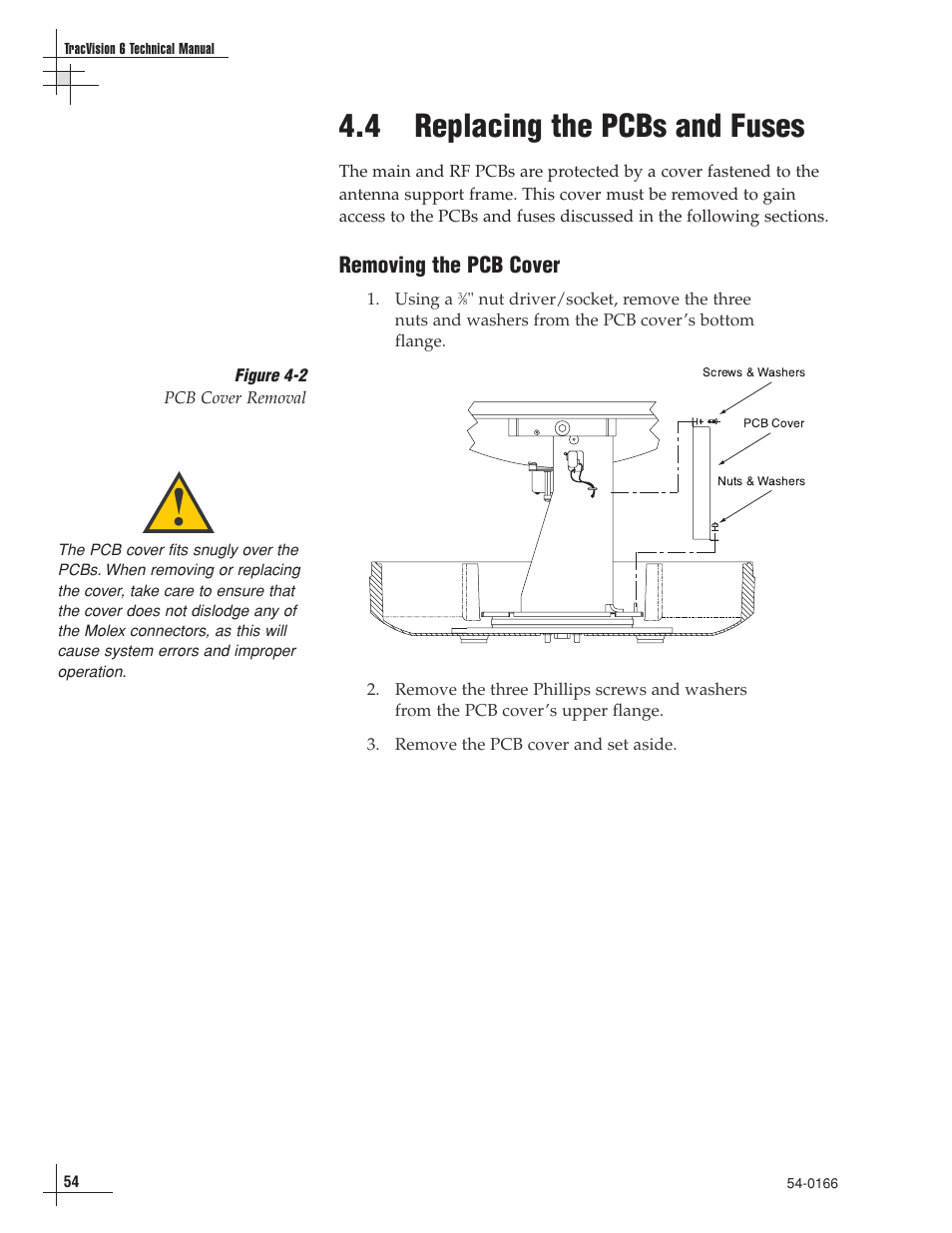 4 - replacing the pcbs and fuses, 4 replacing the pcbs and fuses, Removing the pcb cover | KVH Industries TracVision 6 User Manual | Page 55 / 88