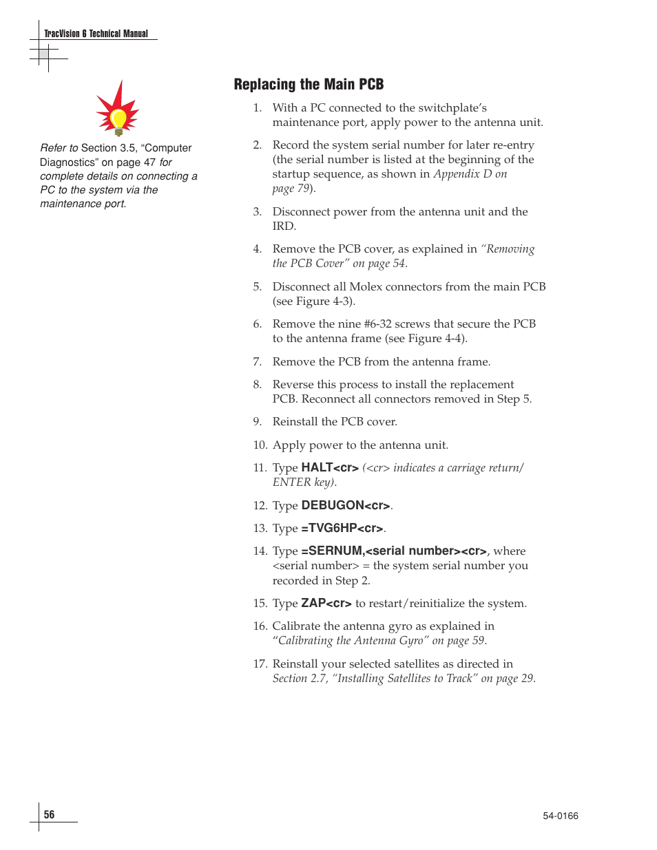 Replacing the main pcb | KVH Industries TracVision 6 User Manual | Page 57 / 88