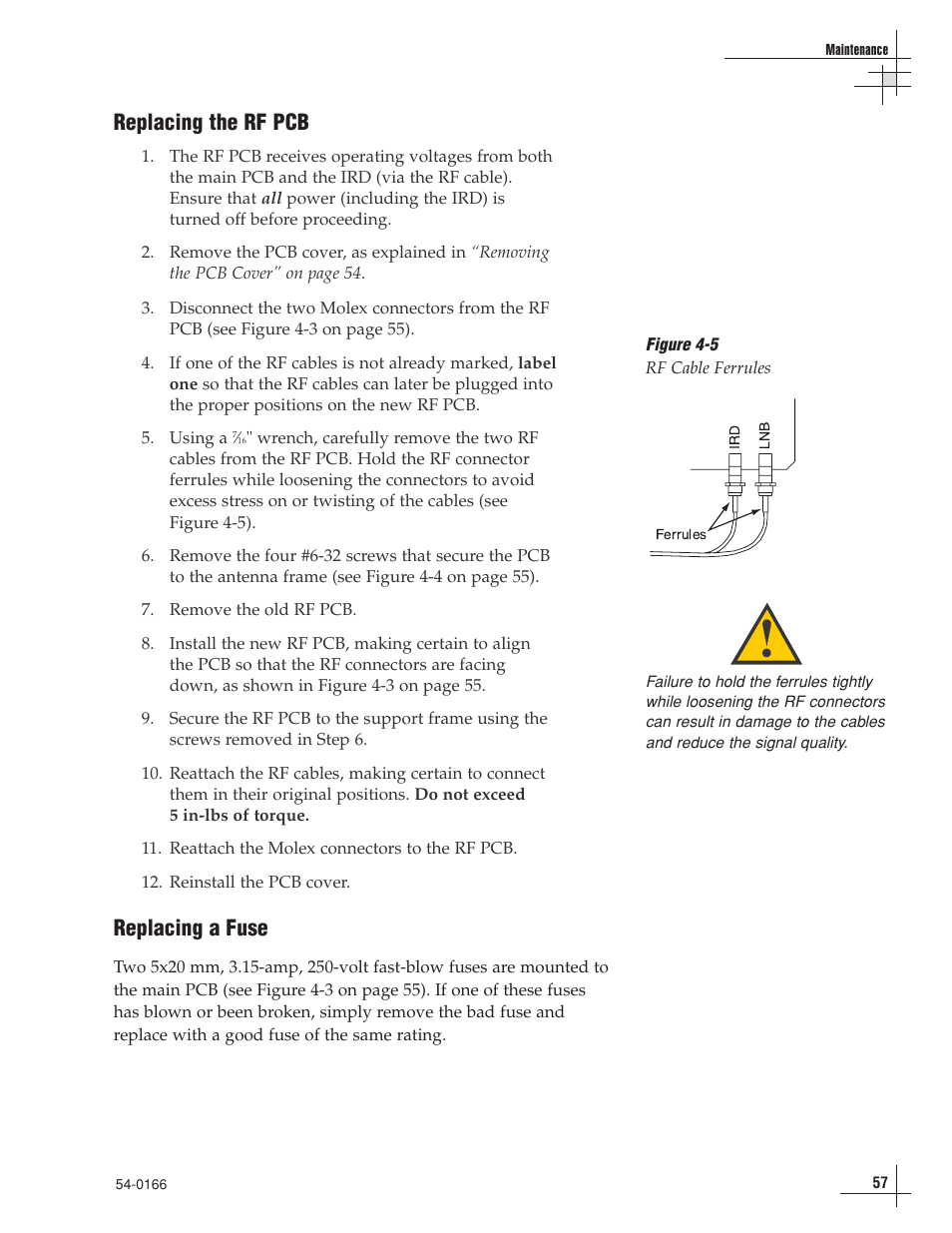 Replacing the rf pcb, Replacing a fuse | KVH Industries TracVision 6 User Manual | Page 58 / 88