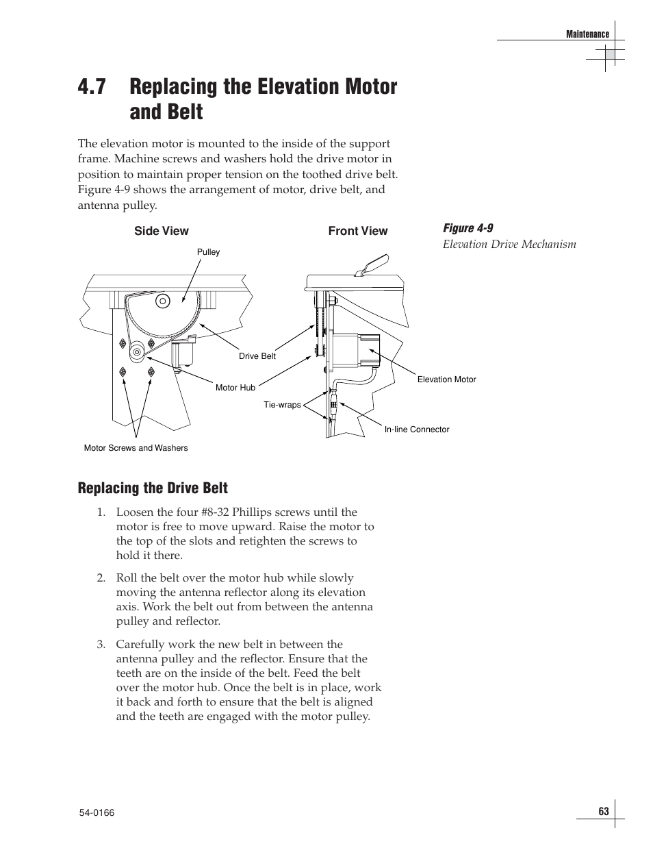 7 - replacing the elevation motor and belt, 7 replacing the elevation motor and belt, Replacing the drive belt | KVH Industries TracVision 6 User Manual | Page 64 / 88