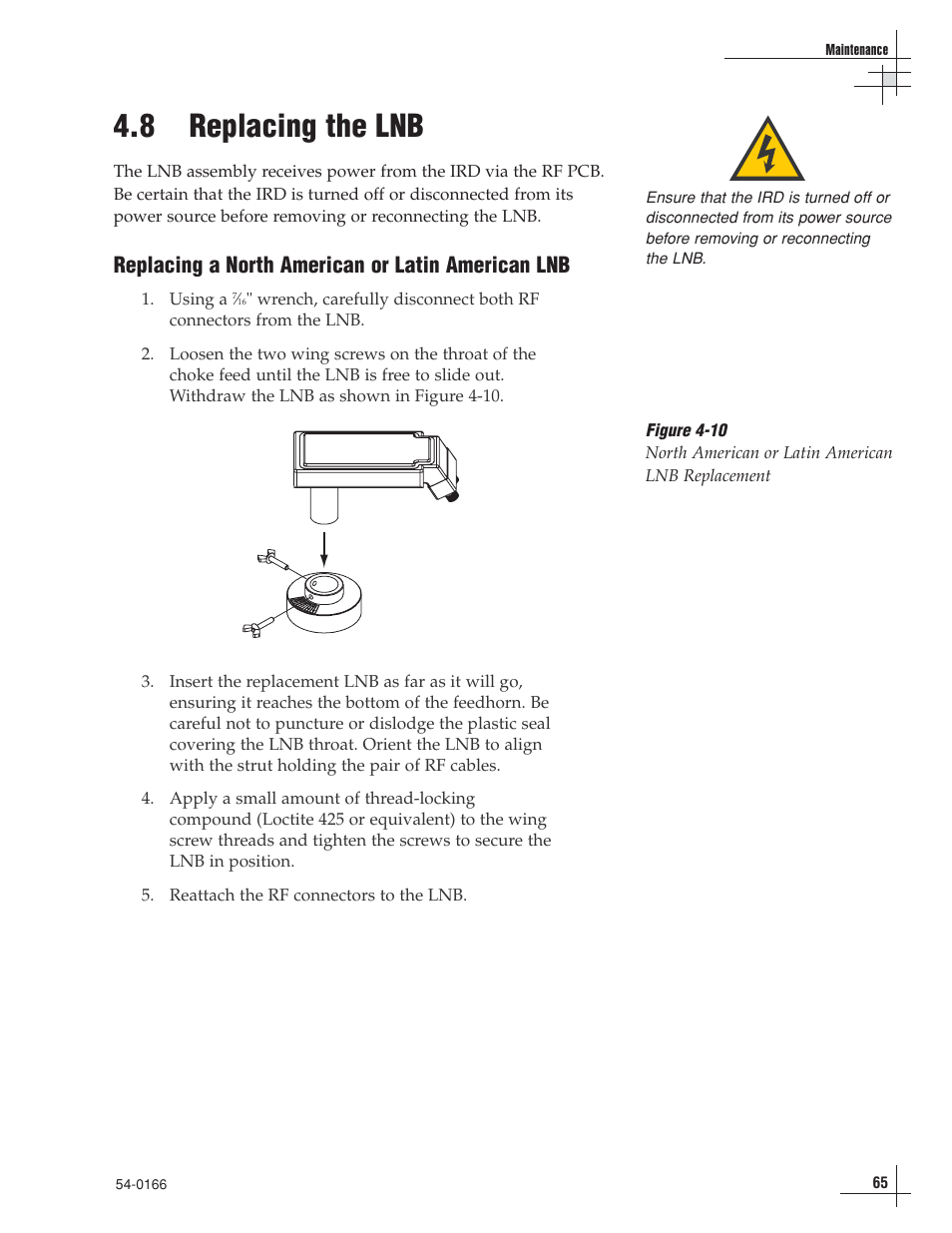 8 - replacing the lnb, 8 replacing the lnb, Replacing a north american or latin american lnb | KVH Industries TracVision 6 User Manual | Page 66 / 88