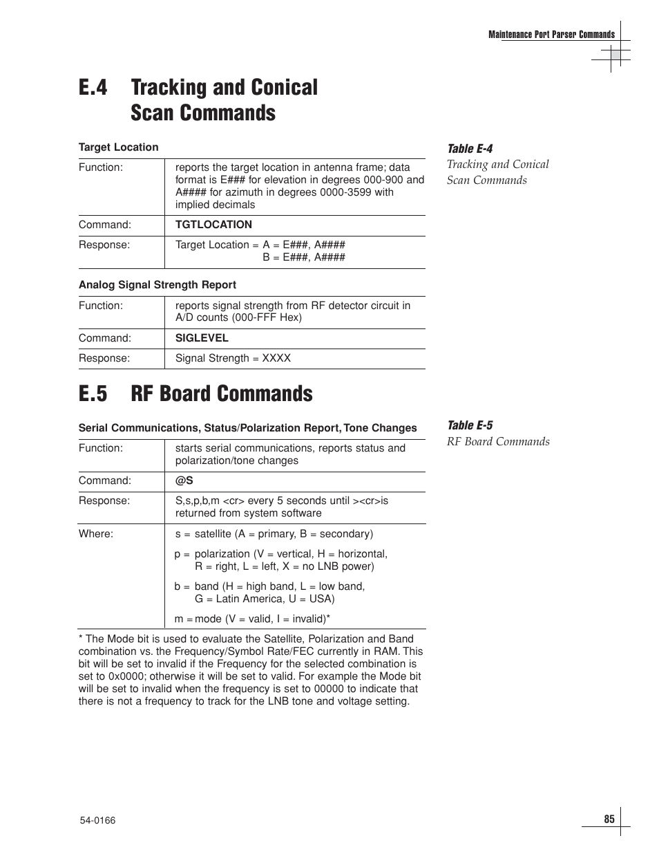 E.4 tracking and conical scan commands, E.5 rf board commands | KVH Industries TracVision 6 User Manual | Page 80 / 88