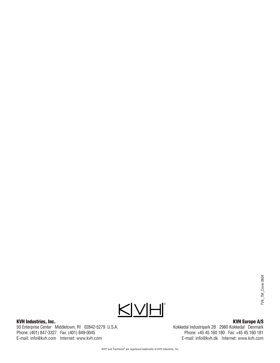 Kvh industries, inc, Kvh europe a/s | KVH Industries TracVision 6 User Manual | Page 88 / 88