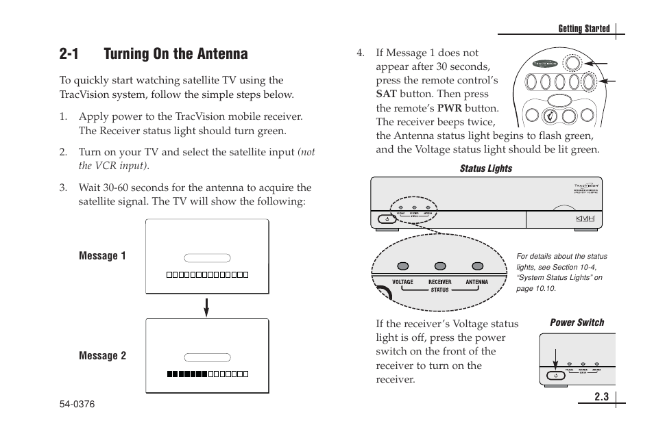 1 turning on the antenna, 3 getting started, Message 2 message 1 | Status lights power switch | KVH Industries antenna system User Manual | Page 16 / 127