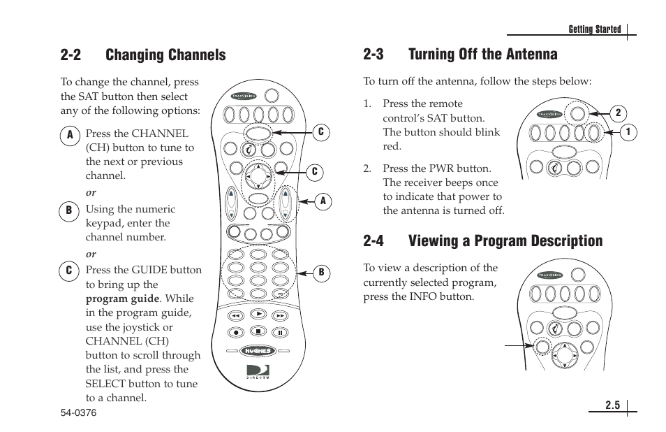 2 changing channels, 3 turning off the antenna, 4 viewing a program description | Getting started, Ab c, Ca b 2 1 | KVH Industries antenna system User Manual | Page 18 / 127