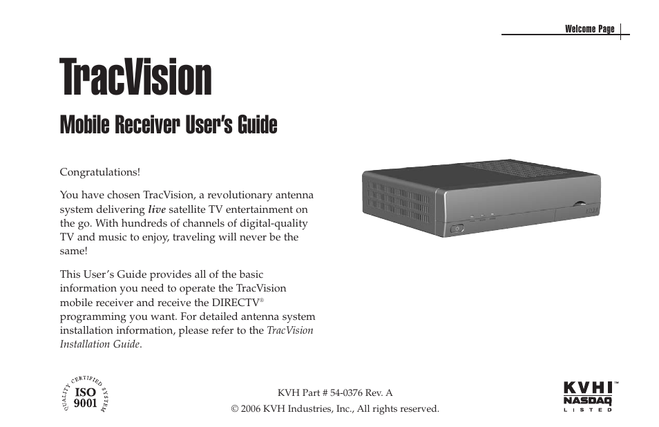 Tracvision, Mobile receiver user’s guide | KVH Industries antenna system User Manual | Page 2 / 127