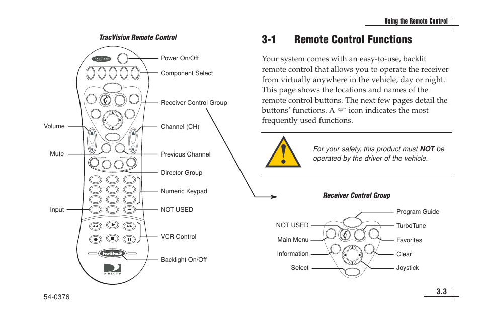 1 remote control functions, 3 using the remote control, Tracvision remote control | KVH Industries antenna system User Manual | Page 20 / 127